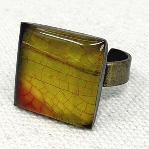 Real Butterfly Wing Ring Square Resin Adjustable Brass Tone Statement Yellow
